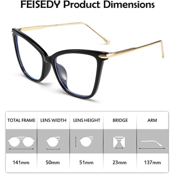 ✨ Feisedy Oversized Glasses Women Black Cat Eye Frame Light Blocking Eyewear - Picture 6 of 7